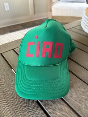 Clare V. Green 'CIAO' Trucker Hat with Pink Lettering